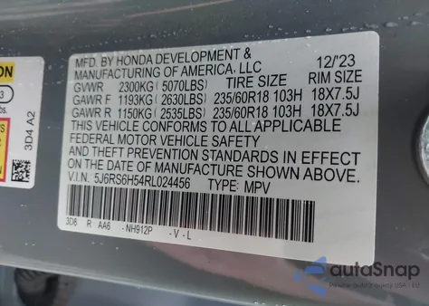 2024 Honda Cr-V Hybrid Sport from USA, damaged, VIN 5J6RS6H54RL024456